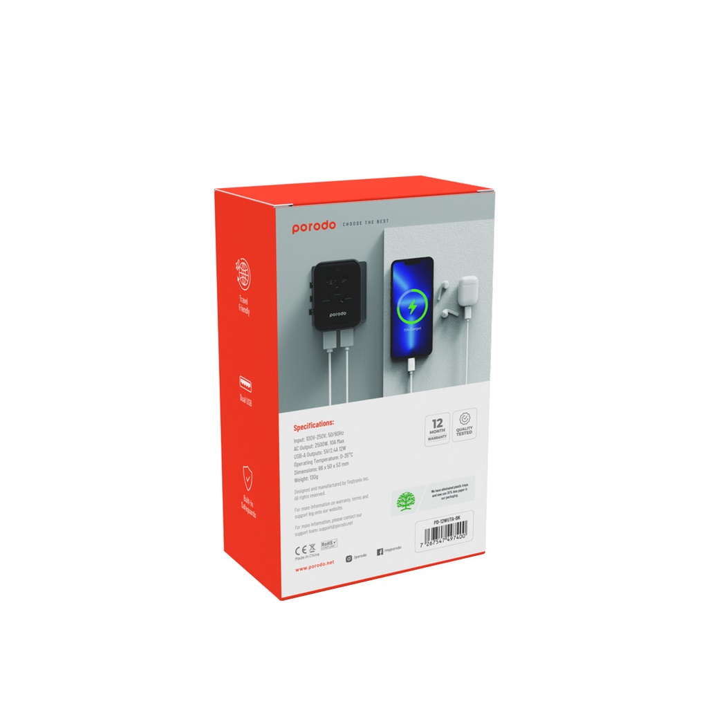 Porodo Dual USB-A Universal Travel Adapter 2.4A ,Black