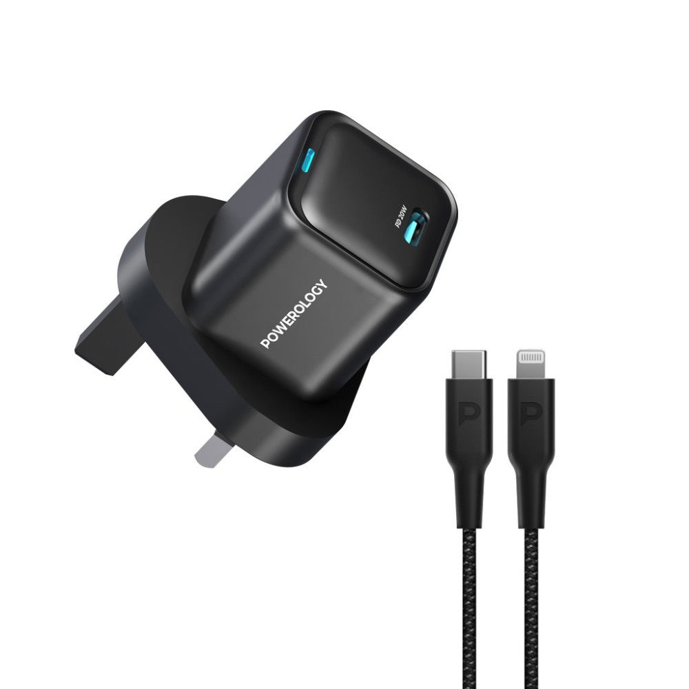 Powerology Ultra-Compact GaN Charger With USB-C To Lightning Cable 1.2m/4ft , Black
