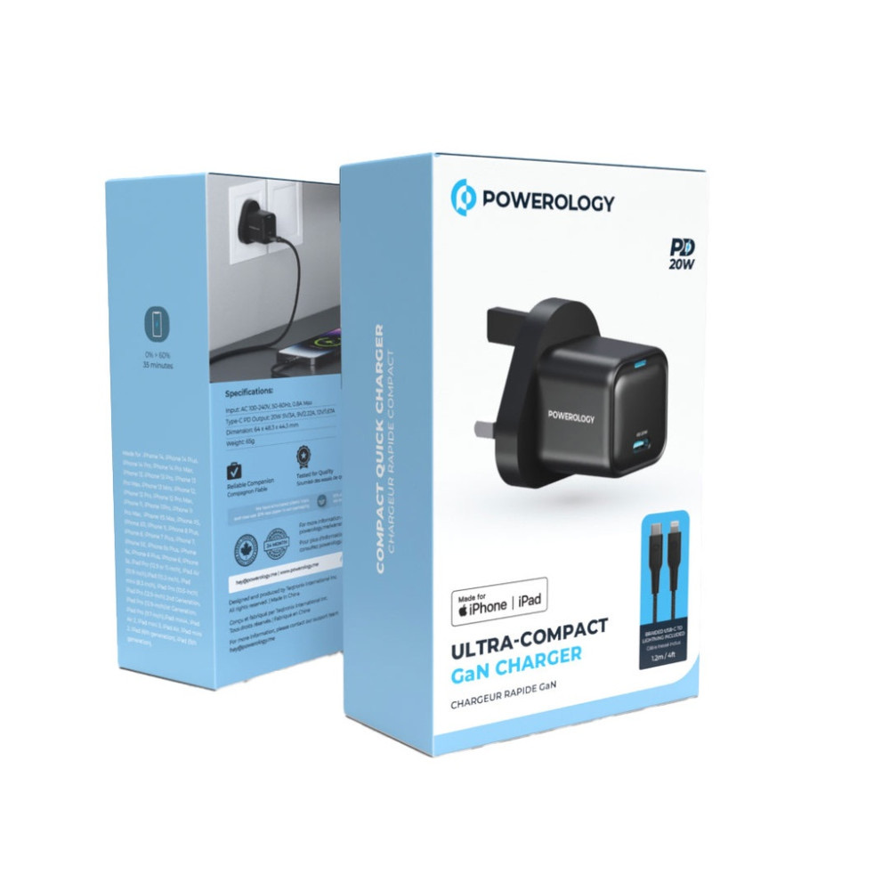 Powerology Ultra-Compact GaN Charger With USB-C To Lightning Cable 1.2m/4ft , Black