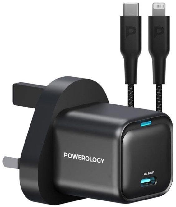 Powerology Ultra-Compact GaN Charger With USB-C To Lightning Cable 1.2m/4ft , Black