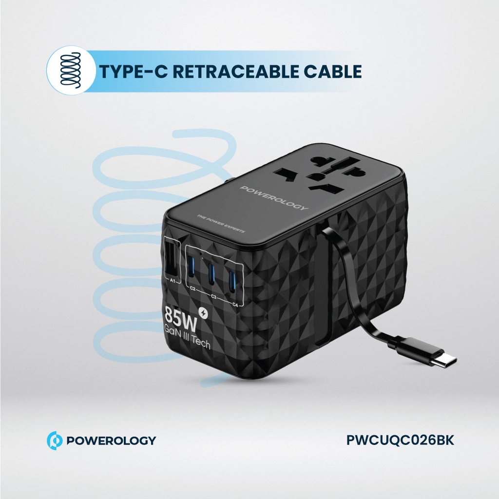 Powerology Universal GaN 85W Super Charger Retractable Type-C Cable , Black