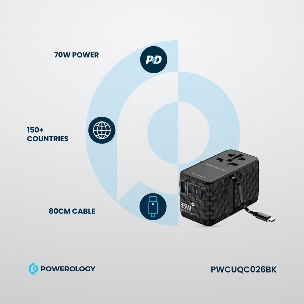 Powerology Universal GaN 85W Super Charger Retractable Type-C Cable , Black
