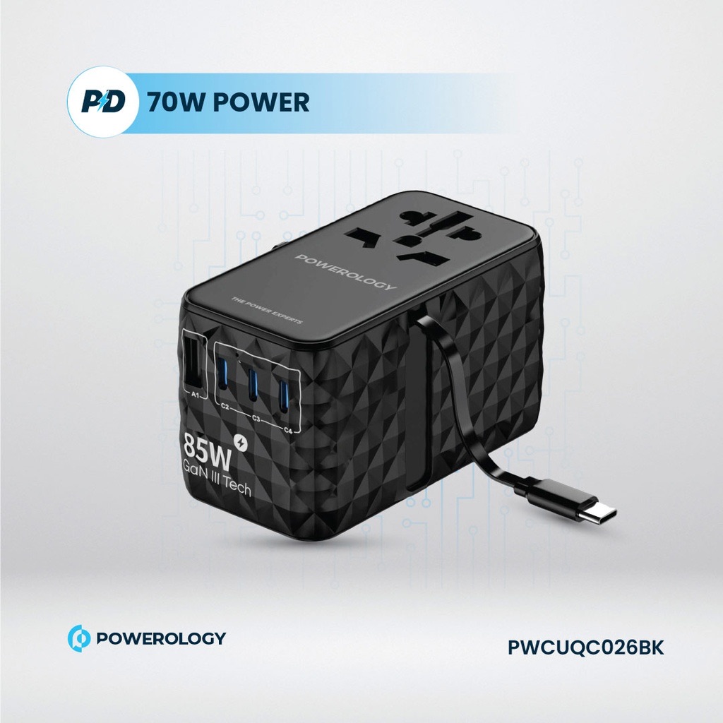 Powerology Universal GaN 85W Super Charger Retractable Type-C Cable , Black