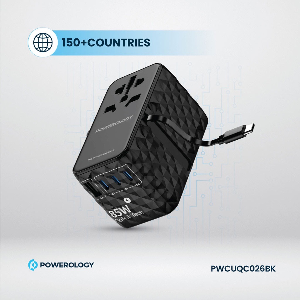 Powerology Universal GaN 85W Super Charger Retractable Type-C Cable , Black