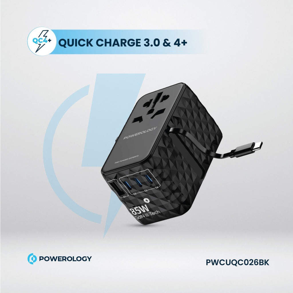 Powerology Universal GaN 85W Super Charger Retractable Type-C Cable , Black