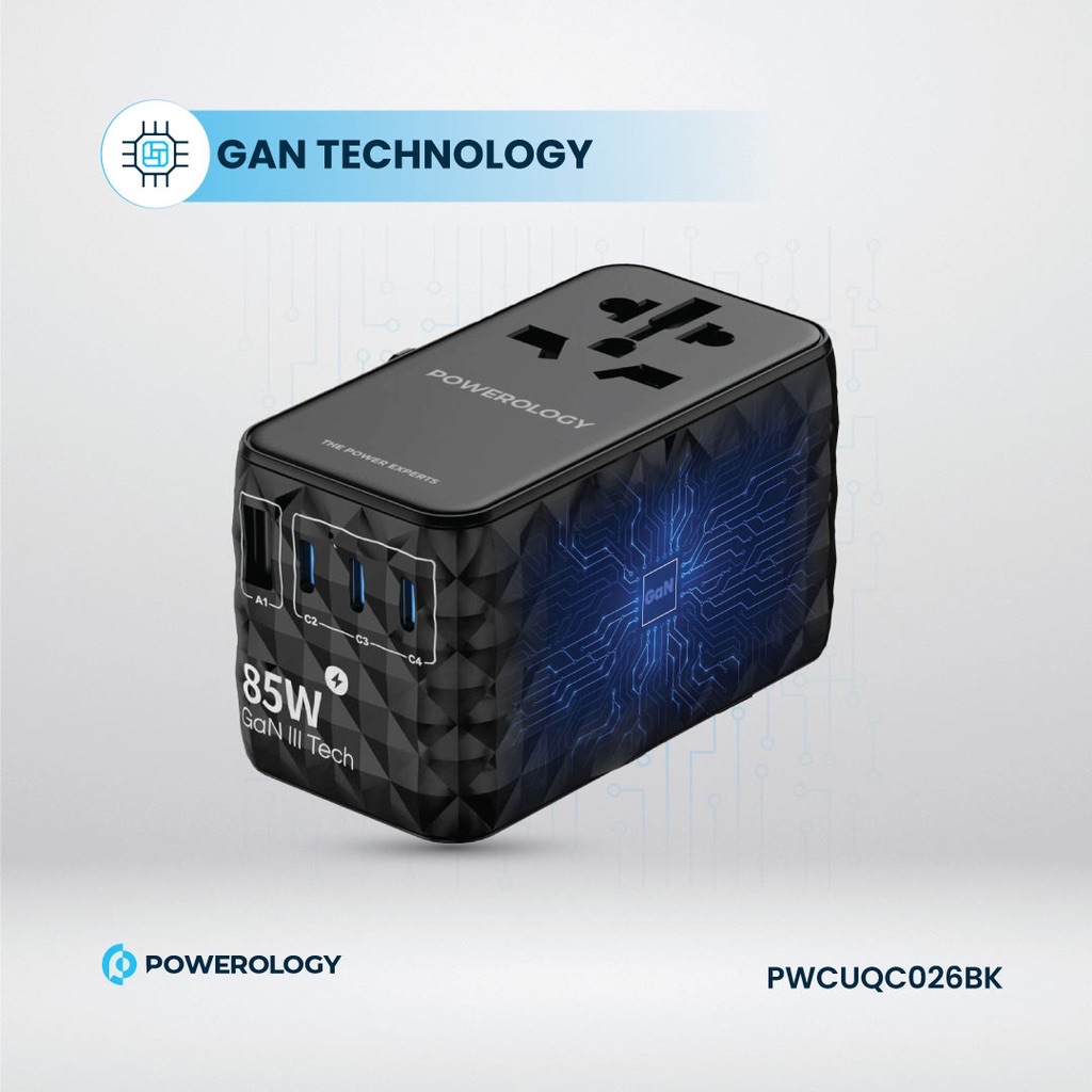 Powerology Universal GaN 85W Super Charger Retractable Type-C Cable , Black