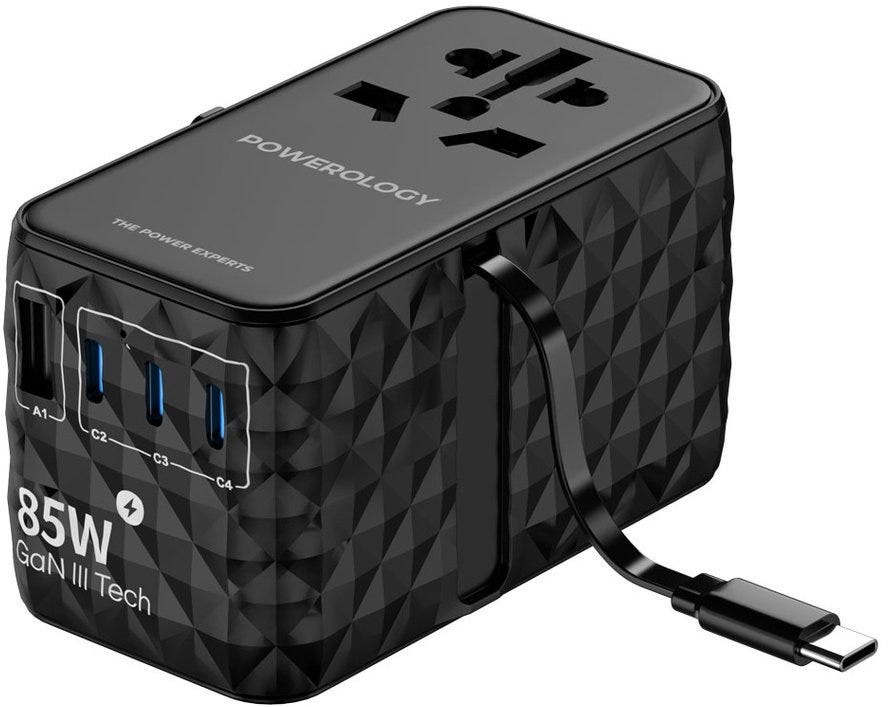 Powerology Universal GaN 85W Super Charger Retractable Type-C Cable , Black