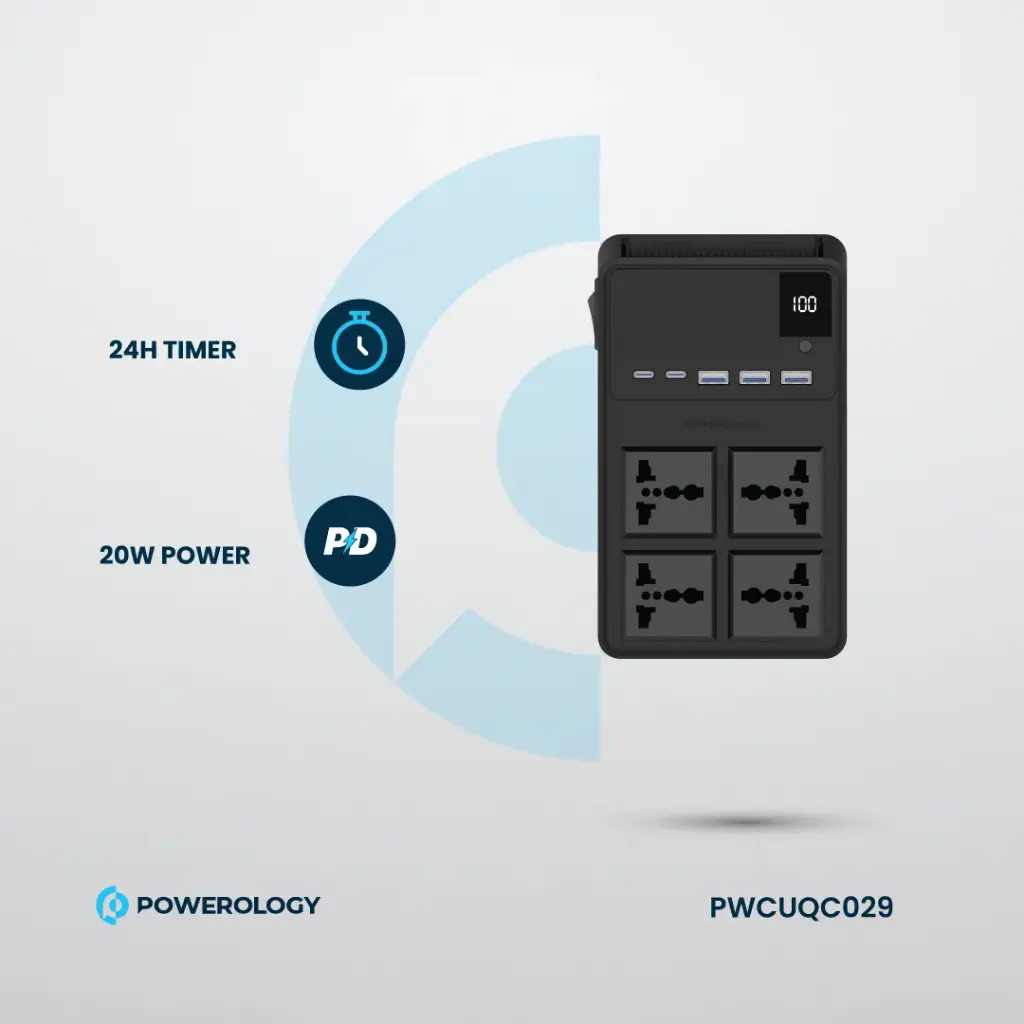 Powerology 2500W 4 AC Power Strip With Built-In Retractable Cables , Black