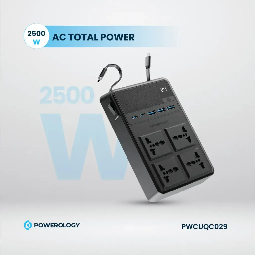 Powerology 2500W 4 AC Power Strip With Built-In Retractable Cables , Black