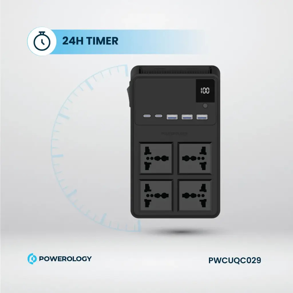 Powerology 2500W 4 AC Power Strip With Built-In Retractable Cables , Black