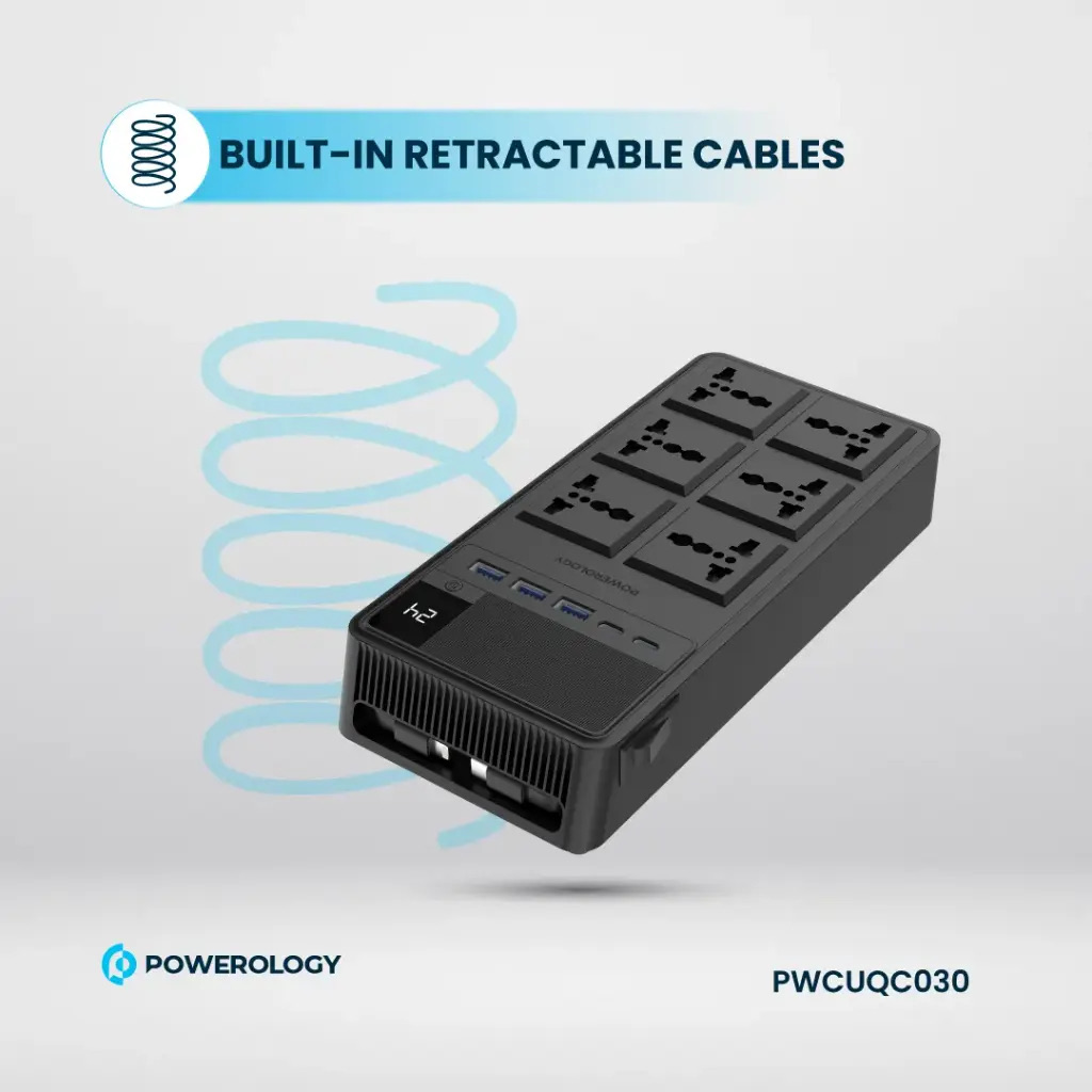 Powerology 2500W 6 AC Power Strip With Built-In Retractable Cables , Black