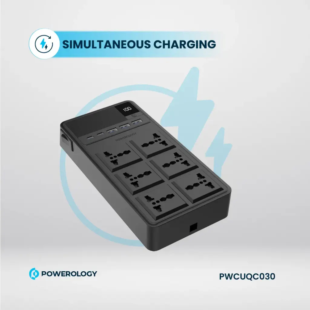 Powerology 2500W 6 AC Power Strip With Built-In Retractable Cables , Black