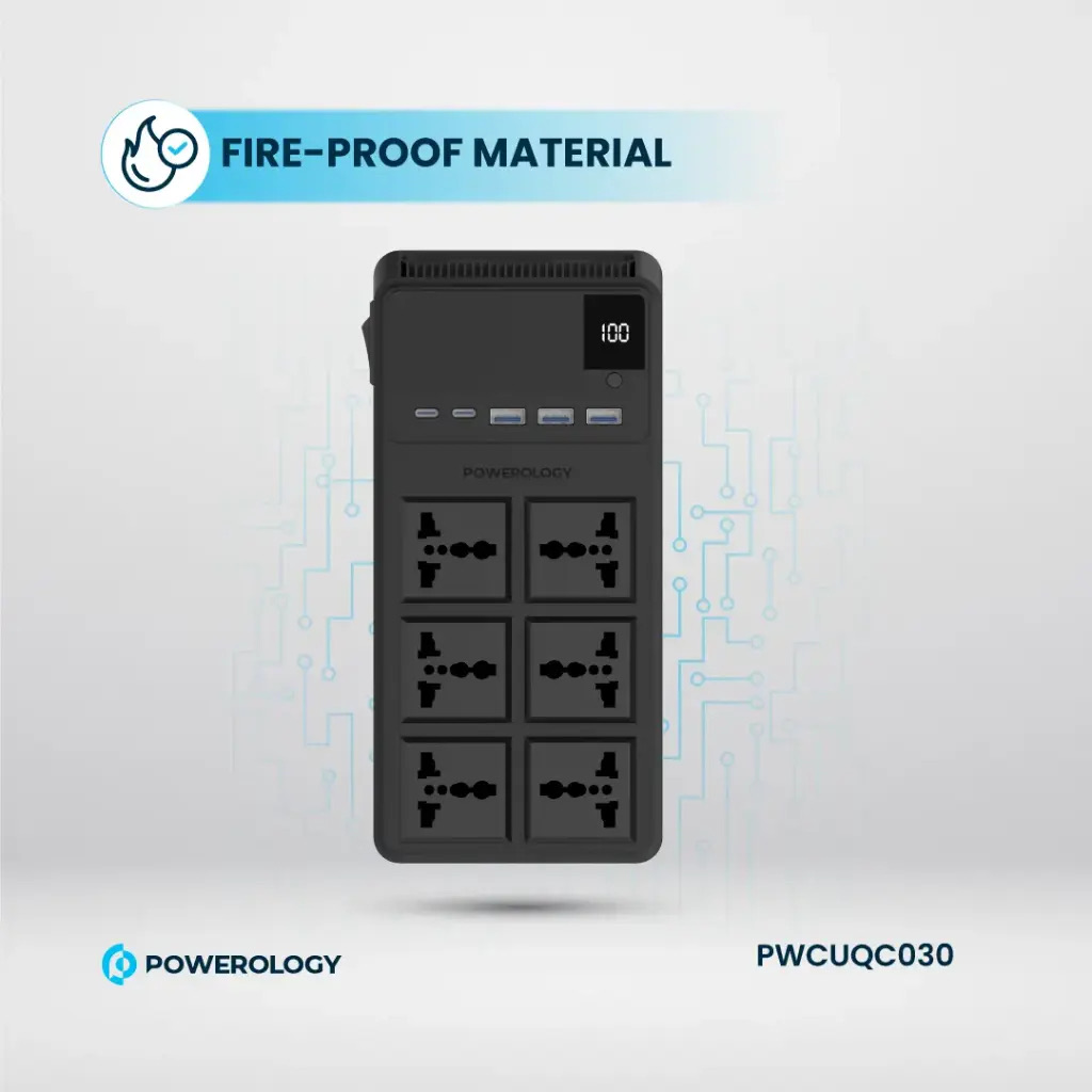 Powerology 2500W 6 AC Power Strip With Built-In Retractable Cables , Black