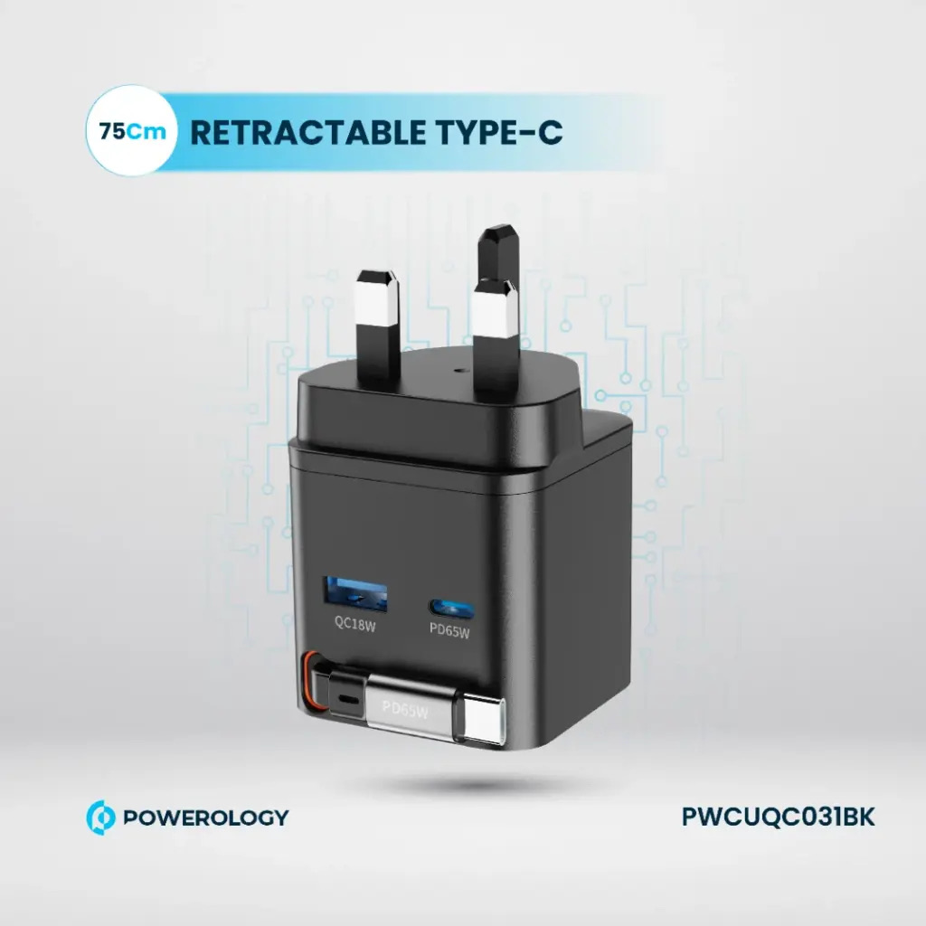 Powerology Dual Port | Retractable GaN Charger , Balck