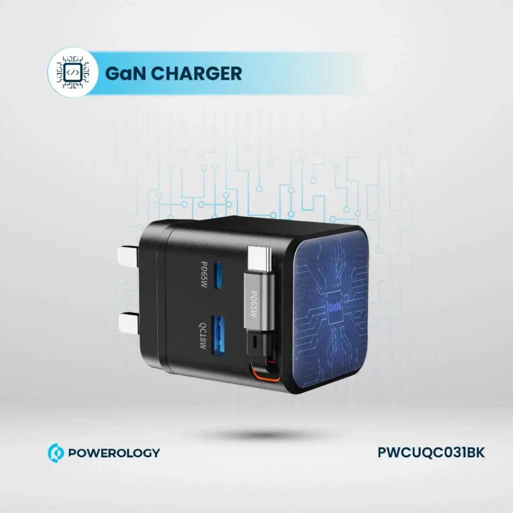 Powerology Dual Port | Retractable GaN Charger , Balck