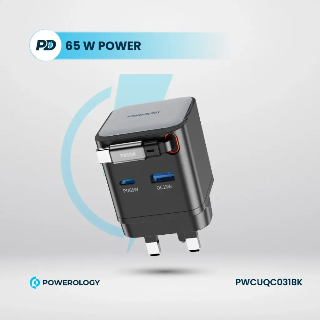 Powerology Dual Port | Retractable GaN Charger , Balck