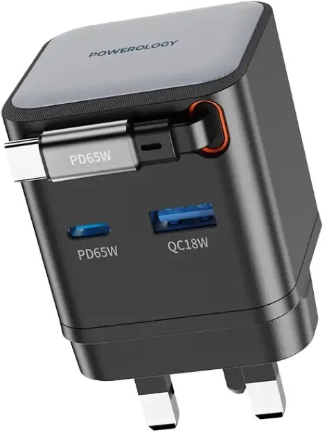 Powerology Dual Port | Retractable GaN Charger , Balck