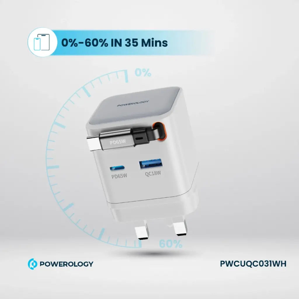 Powerology Dual Port | Retractable GaN Charger , White