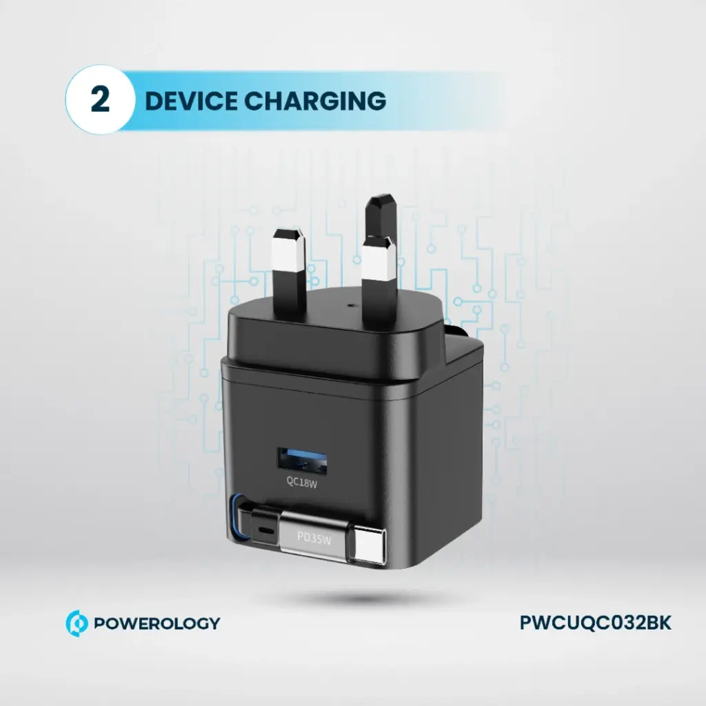 Powerology Dual Port | Retractable GaN Charger , Balck