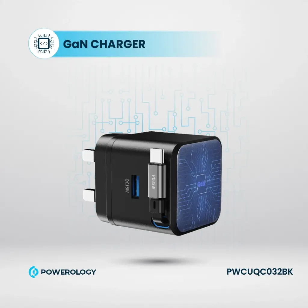 Powerology Dual Port | Retractable GaN Charger , Balck