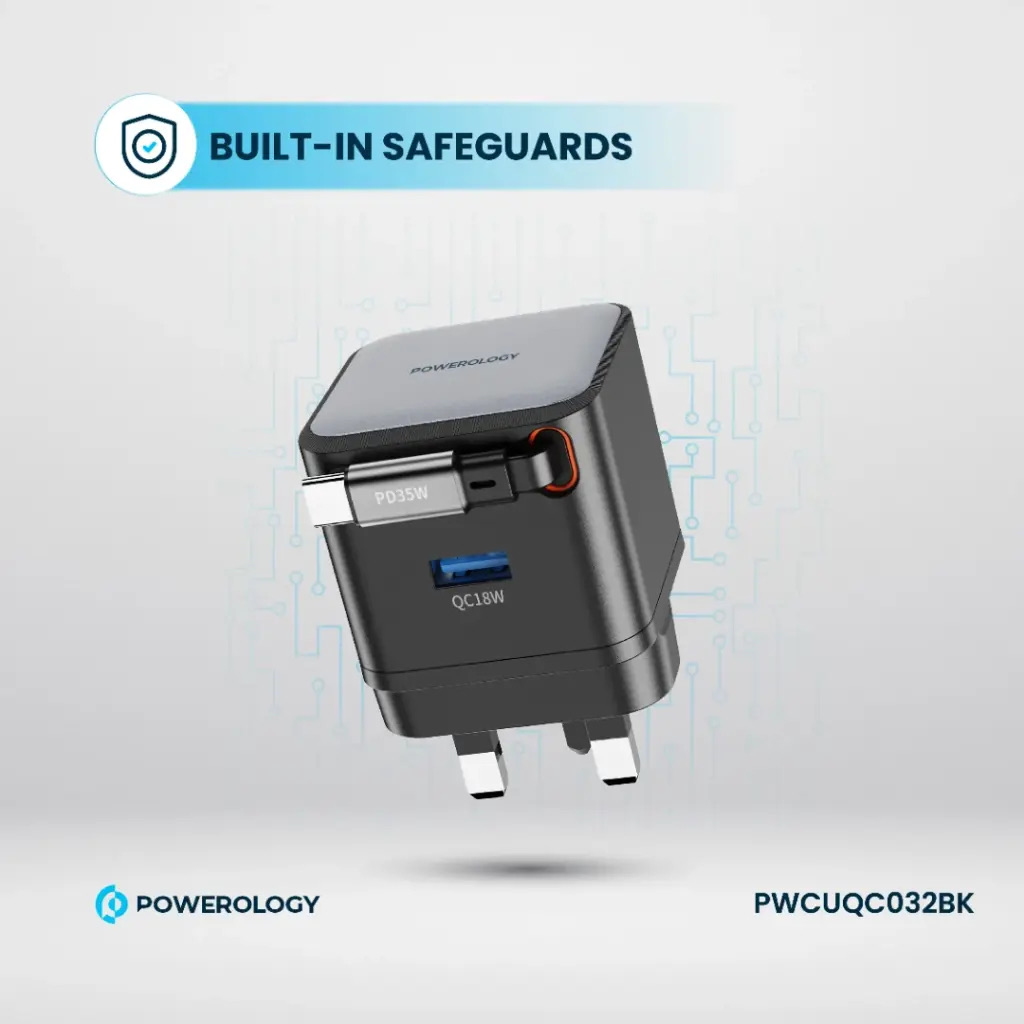 Powerology Dual Port | Retractable GaN Charger , Balck