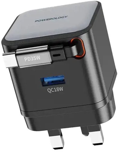 Powerology Dual Port | Retractable GaN Charger , Balck