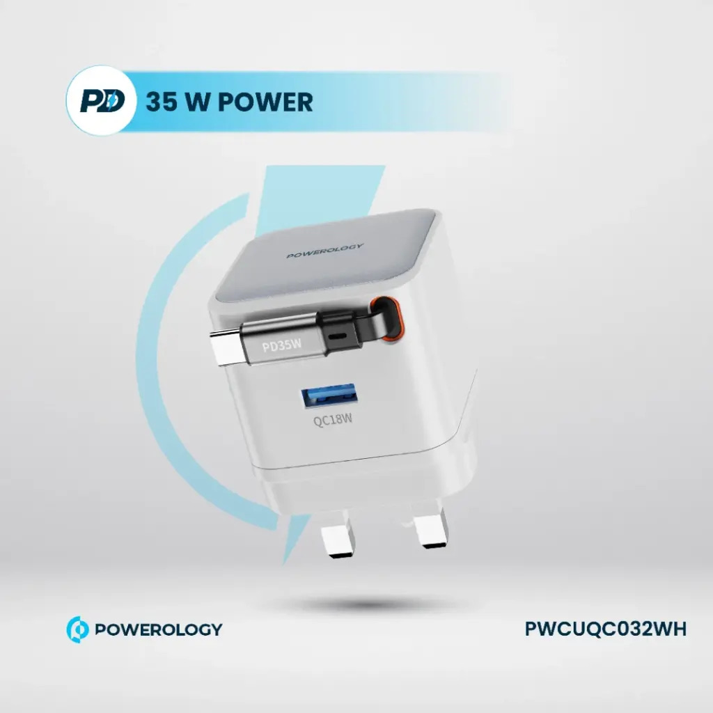 Powerology Dual Port | Retractable GaN Charger , White