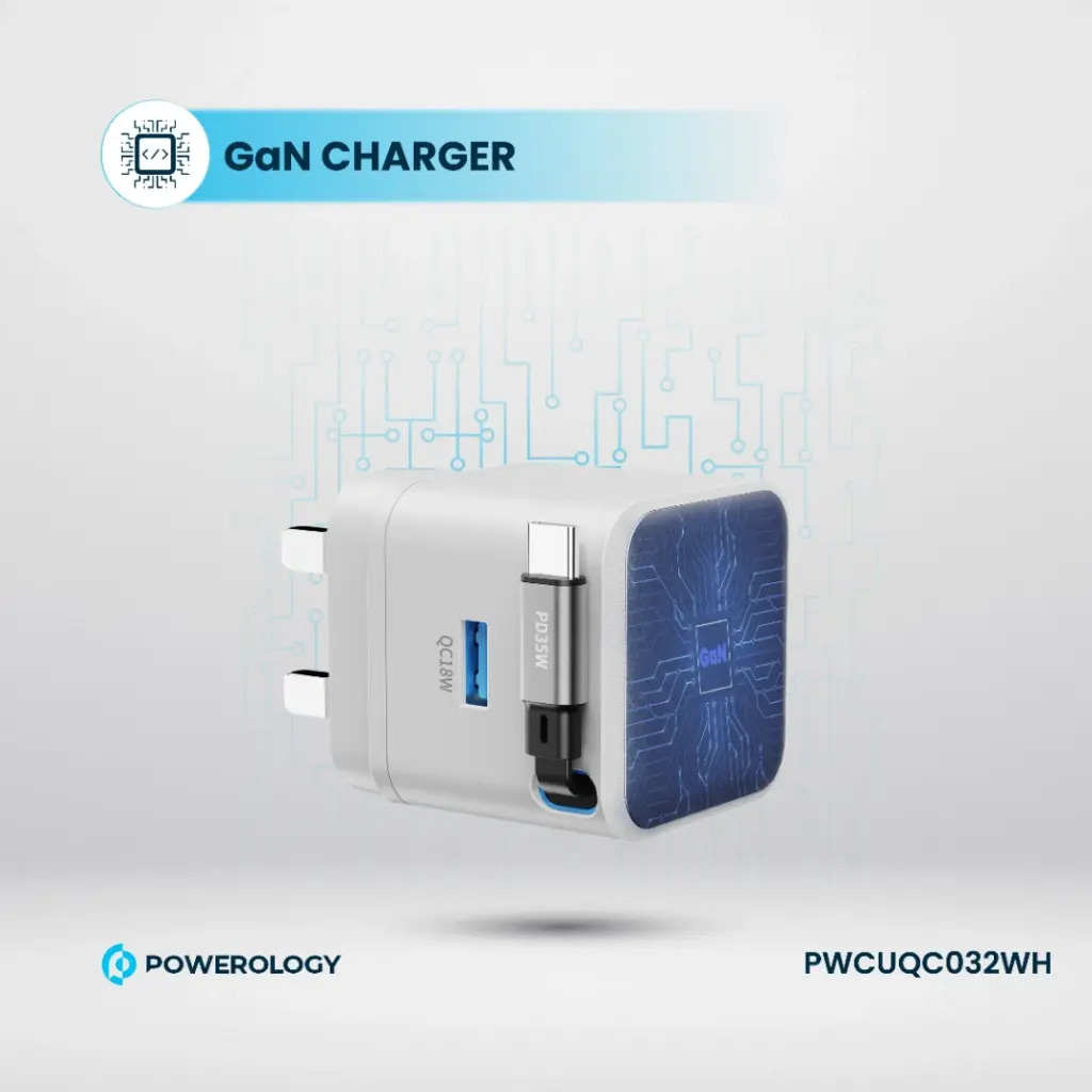 Powerology Dual Port | Retractable GaN Charger , White