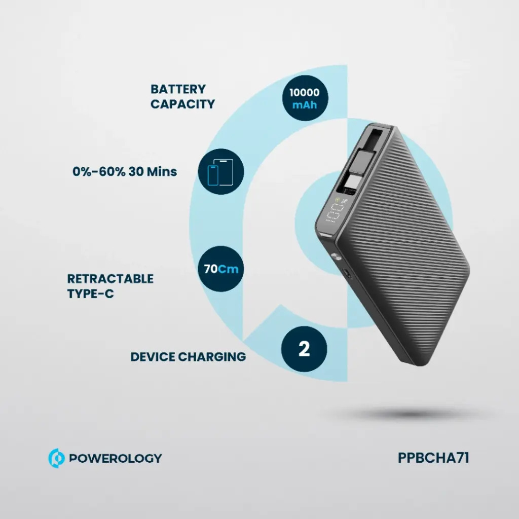 Powerology 10000mAh Retractable Cable Power Bank , Black