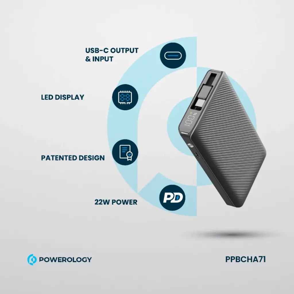 Powerology 10000mAh Retractable Cable Power Bank , Black