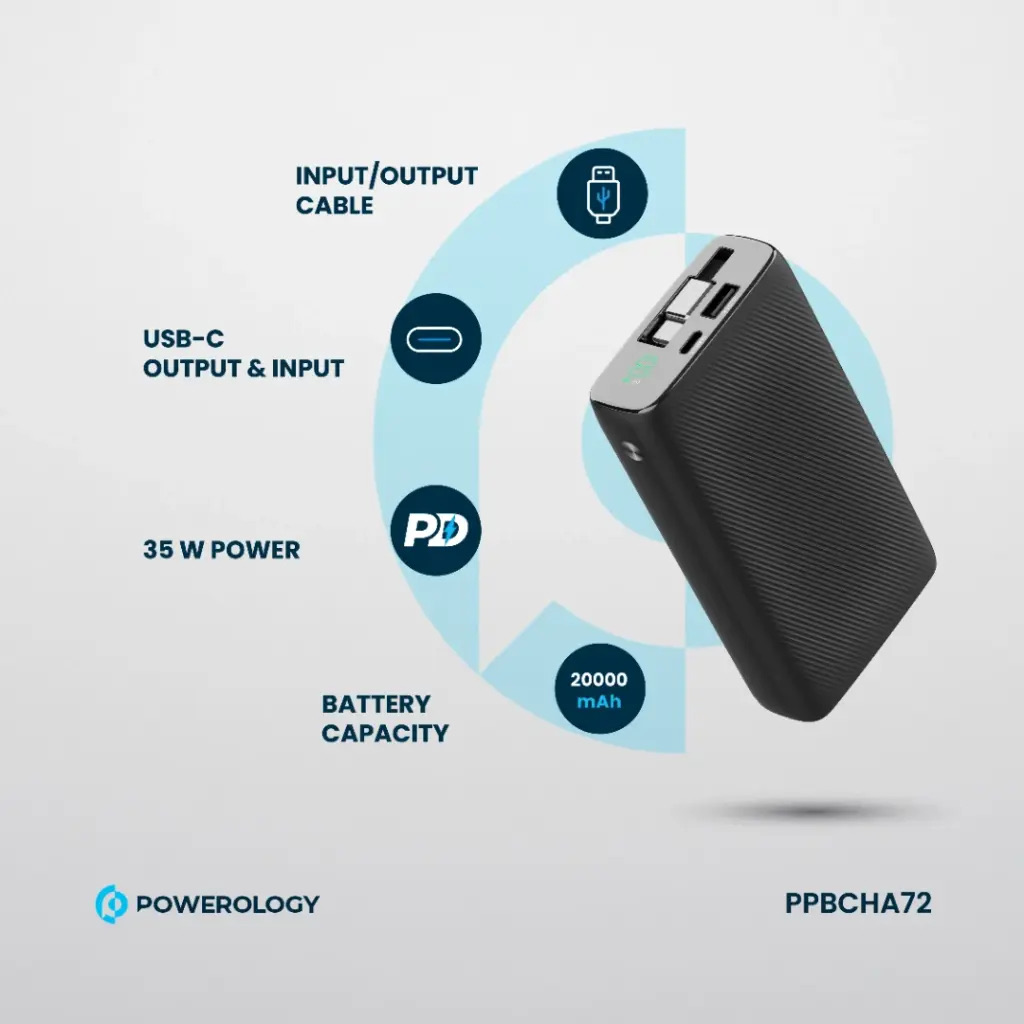 Powerology 20000mAh Retractable Cable Power Bank , Black