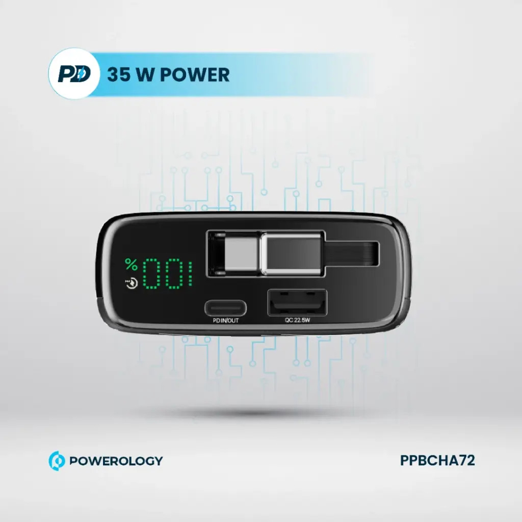 Powerology 20000mAh Retractable Cable Power Bank , Black