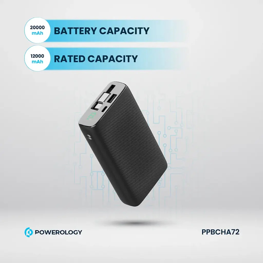Powerology 20000mAh Retractable Cable Power Bank , Black