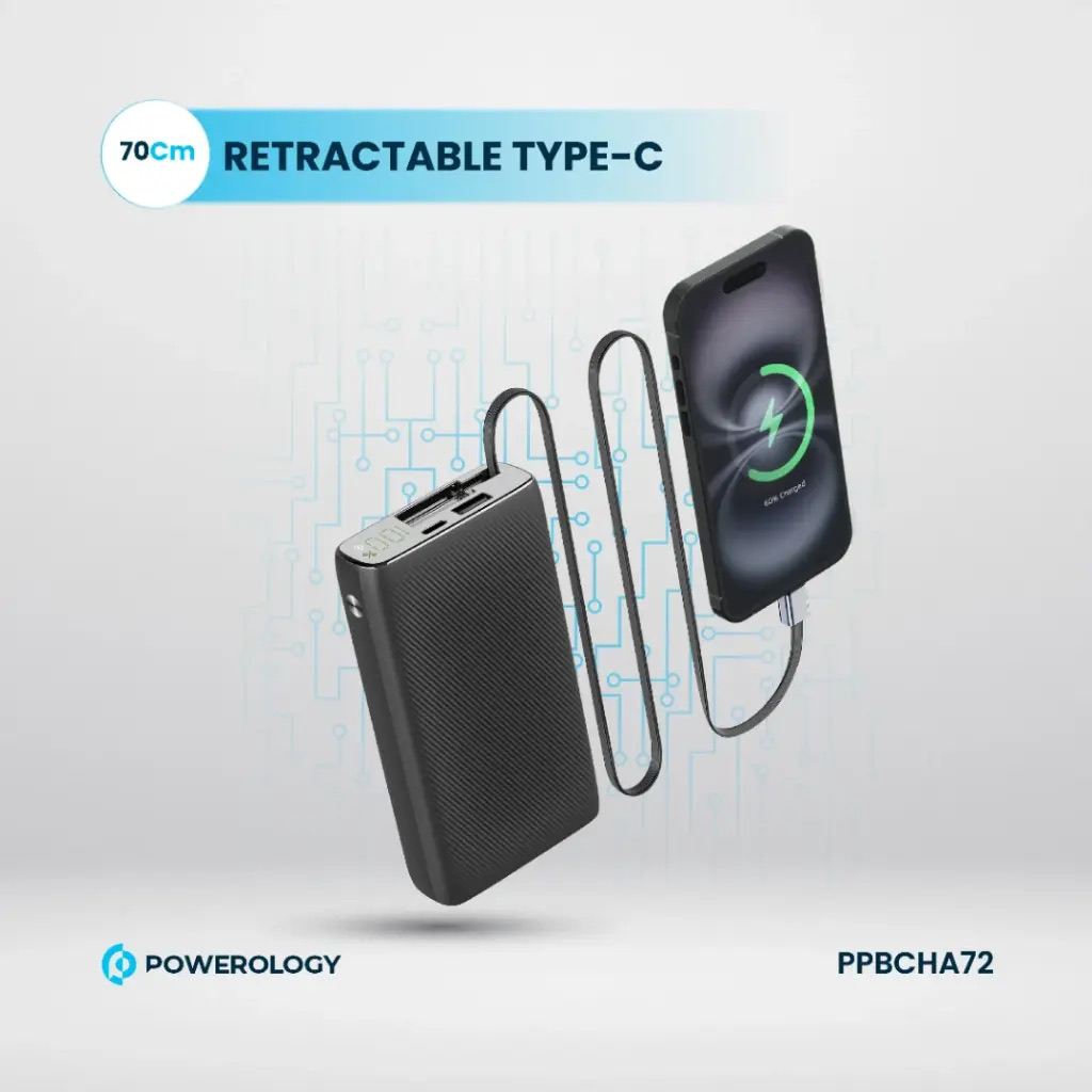 Powerology 20000mAh Retractable Cable Power Bank , Black