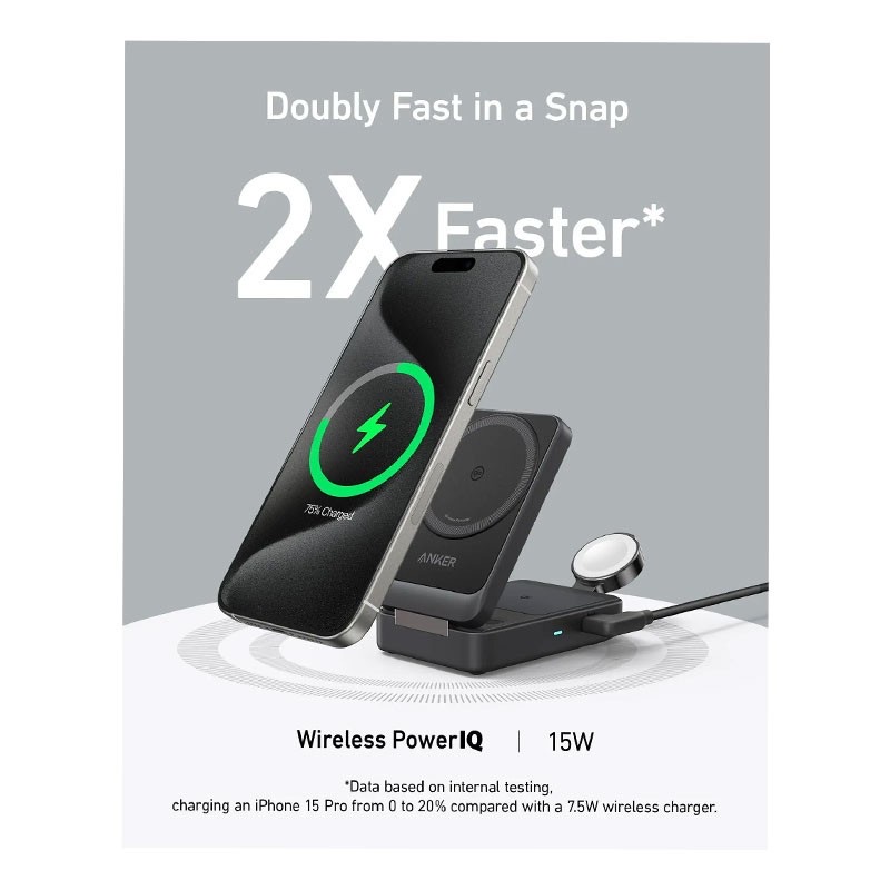 Anker B2557212 Maggo Wireless Charging Station (15W, Foldable 3-In-1) Black 2