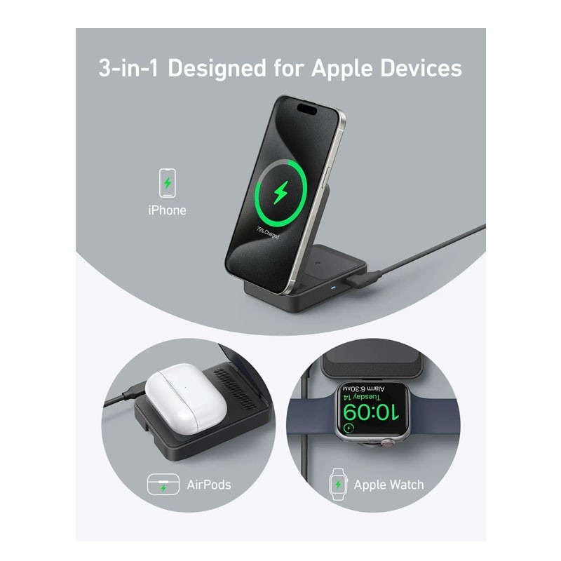 Anker B2557212 Maggo Wireless Charging Station (15W, Foldable 3-In-1) Black 2