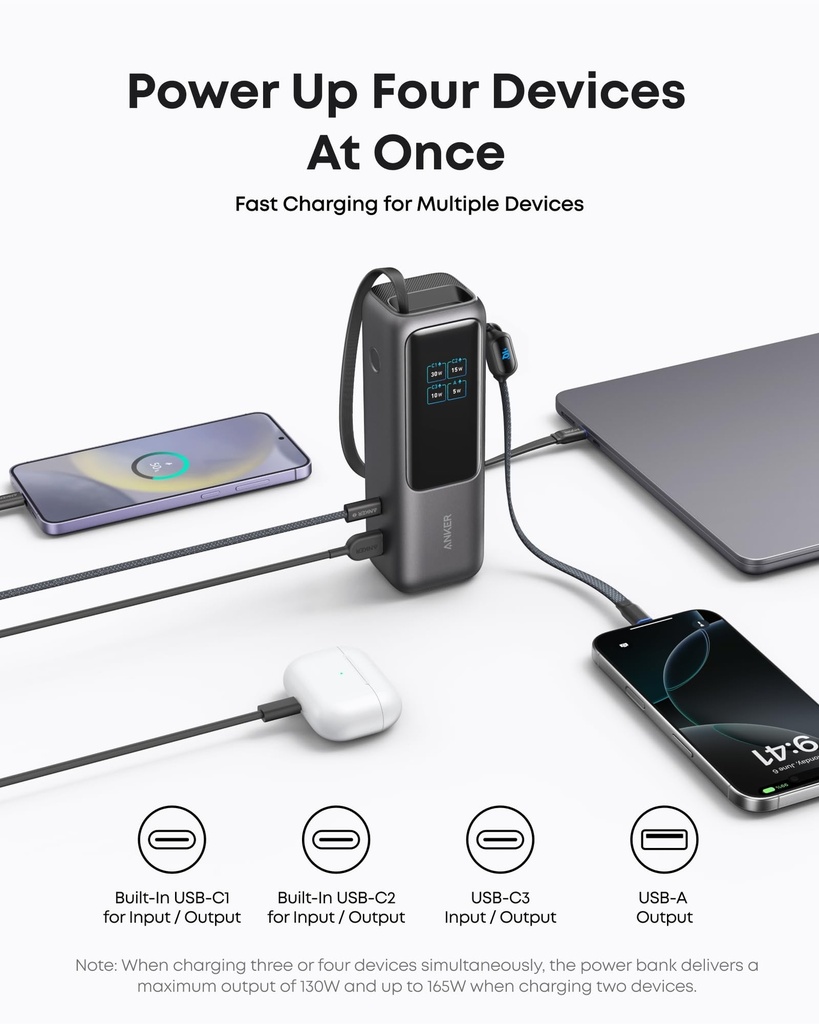 Anker A1695H11 Zolo Power Bank (25K, 165W, Built-In Usb-C And Retractable Cable)