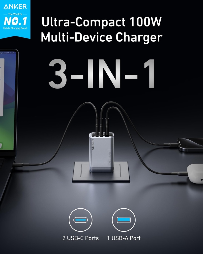 Anker A2688241 Prime Charger (100W, 3 Ports, Ganprime) B2C - Uk Silver Iteration 1