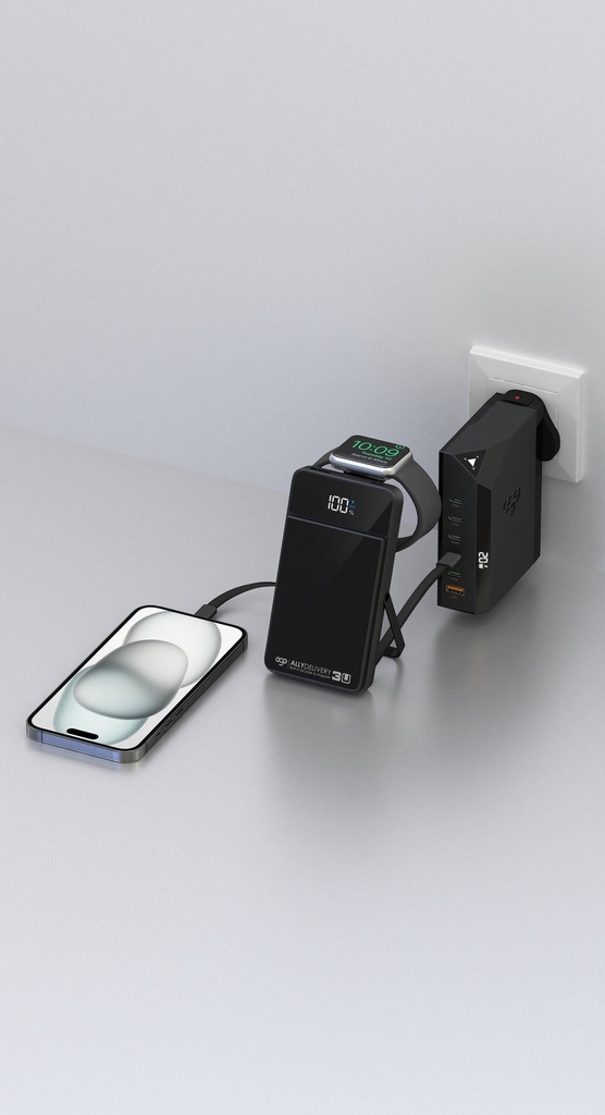 EGO 6in1 AllyDelivery 3U @Magsafe 12000mAh
6 in 1 Powerbank, Fast Charging (iWatch & Airpod), Built-in Cable Type-C & Lightning & Stand -Black