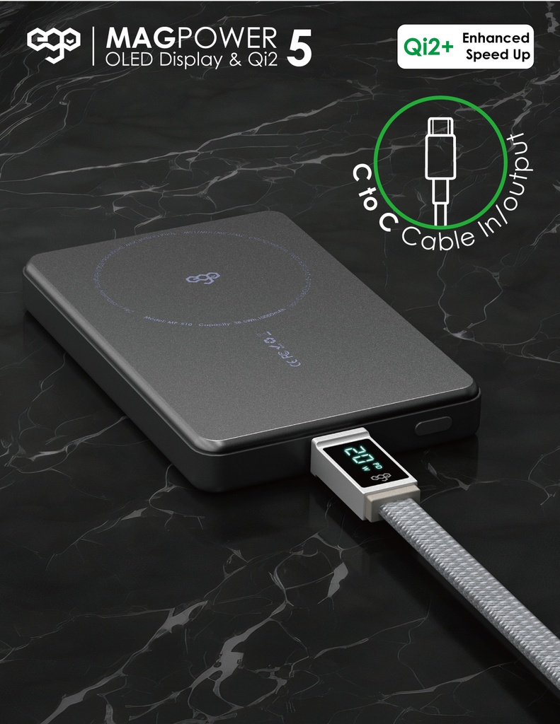 EGO MAGPOWER 3in1 Latest Gen.5 Super charging  10000mAh Qi2+ magsafe Powerbank Ultra-thin-OLED, USB-CUSB-C in & out-Titanium