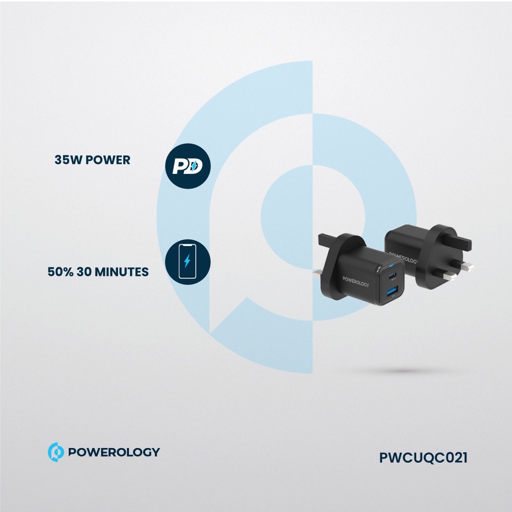 Powerology Super Compact Quick Charger With Braided USB-C To Lightning Cable 1.2m/4ft Black