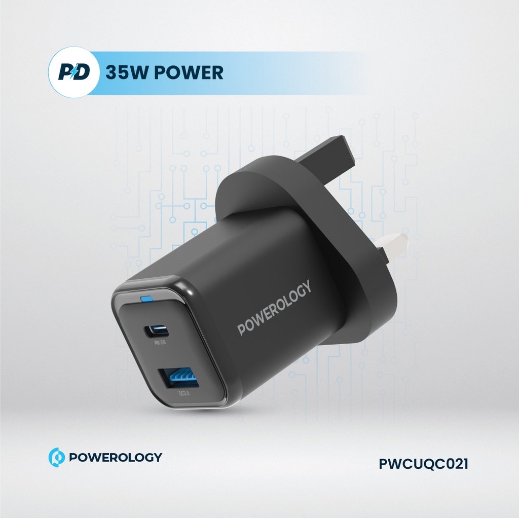 Powerology Super Compact Quick Charger With Braided USB-C To Lightning Cable 1.2m/4ft Black