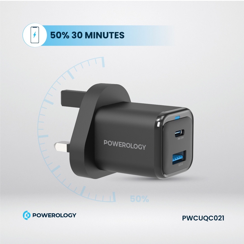Powerology Super Compact Quick Charger With Braided USB-C To Lightning Cable 1.2m/4ft Black
