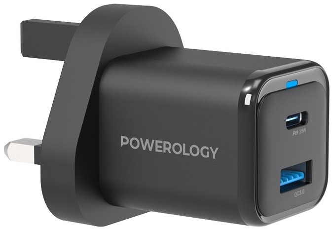 Powerology Super Compact Quick Charger With Braided USB-C To Lightning Cable 1.2m/4ft Black