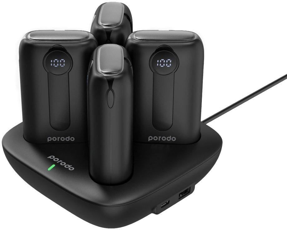Porodo 10000mAh 4 Power Bank Station Lightning/Type-C Integrated Cable ,Black