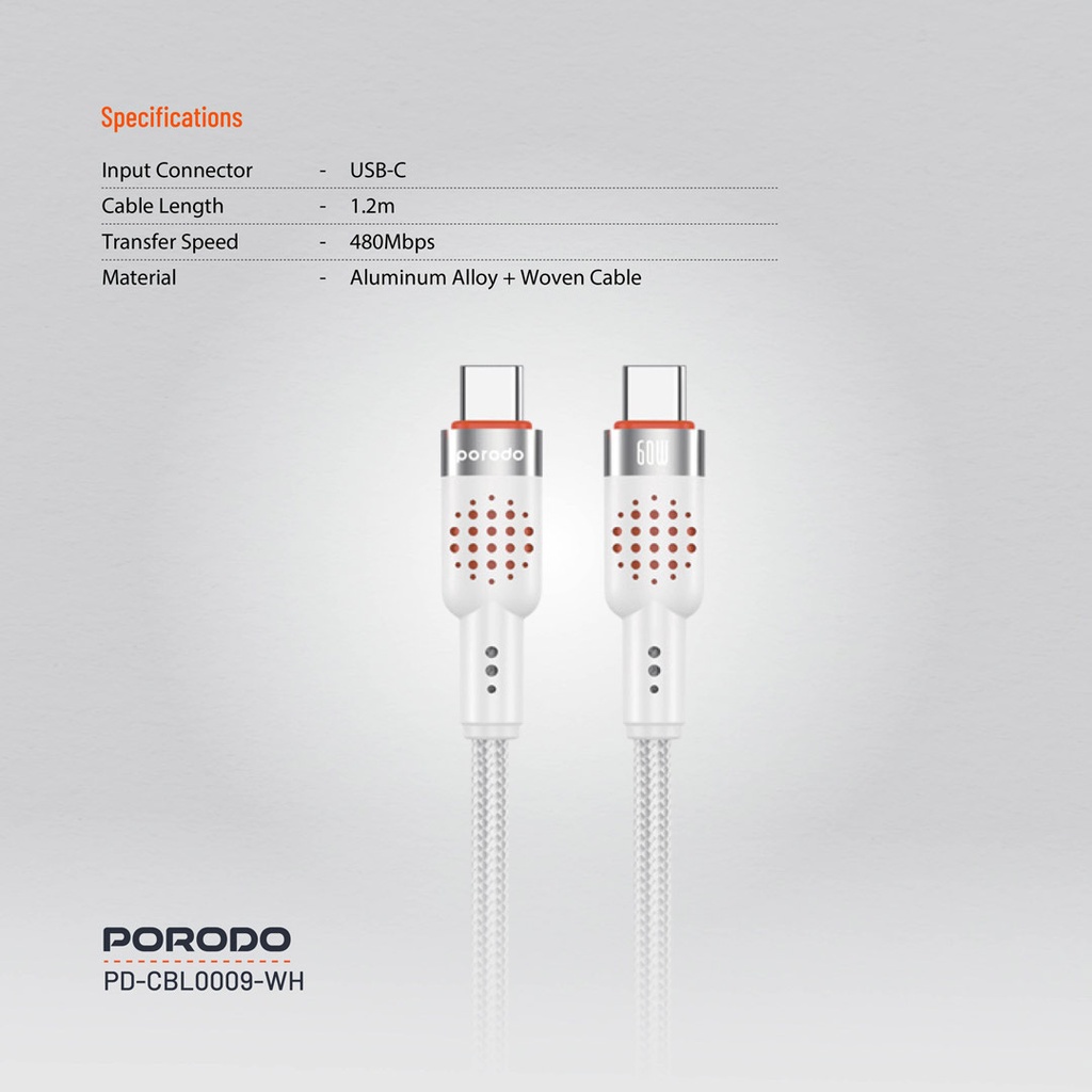 Porodo USB-C to  USB-C Aluminum Braided Cable ,White