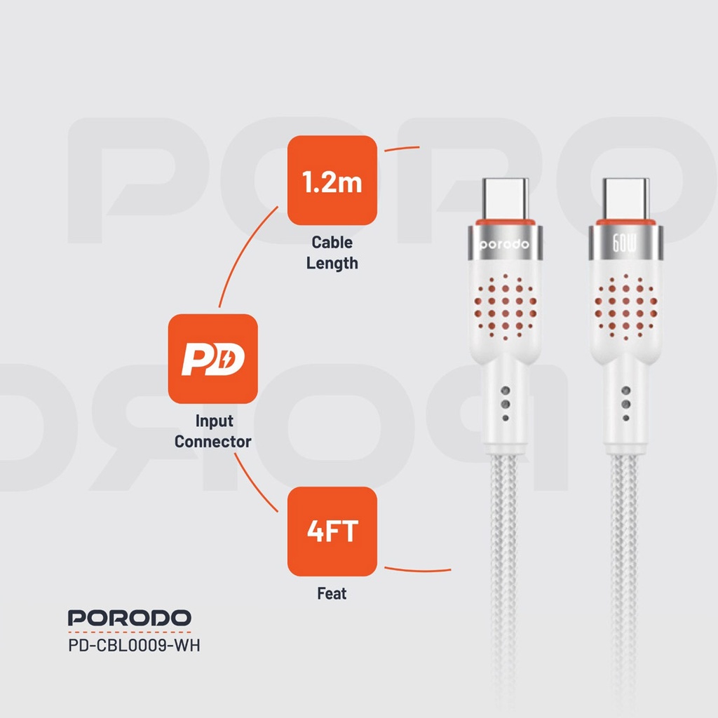 Porodo USB-C to  USB-C Aluminum Braided Cable ,White
