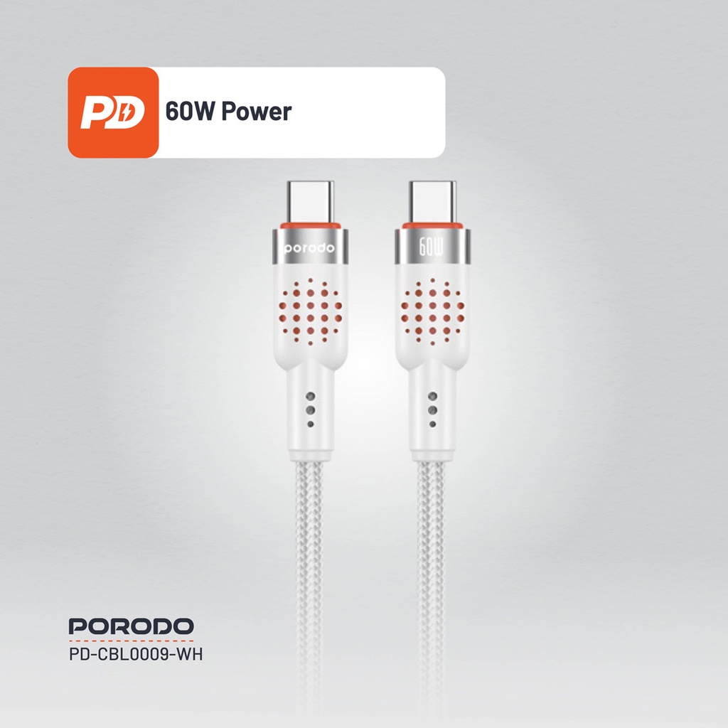 Porodo USB-C to  USB-C Aluminum Braided Cable ,White