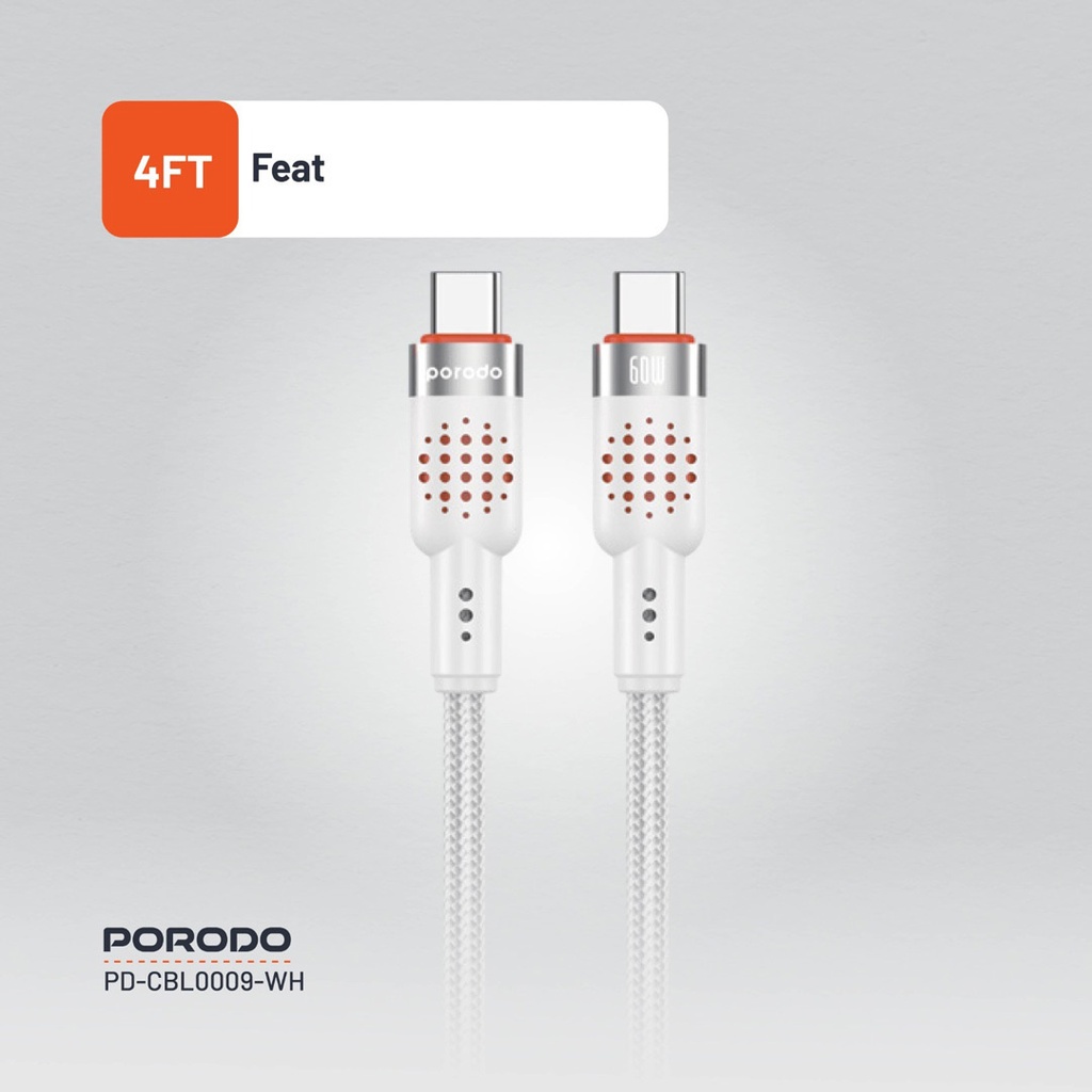 Porodo USB-C to  USB-C Aluminum Braided Cable ,White