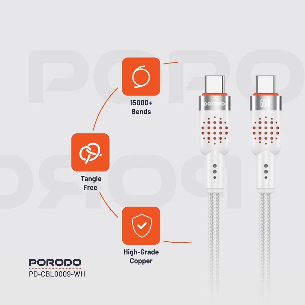 Porodo USB-C to  USB-C Aluminum Braided Cable ,White